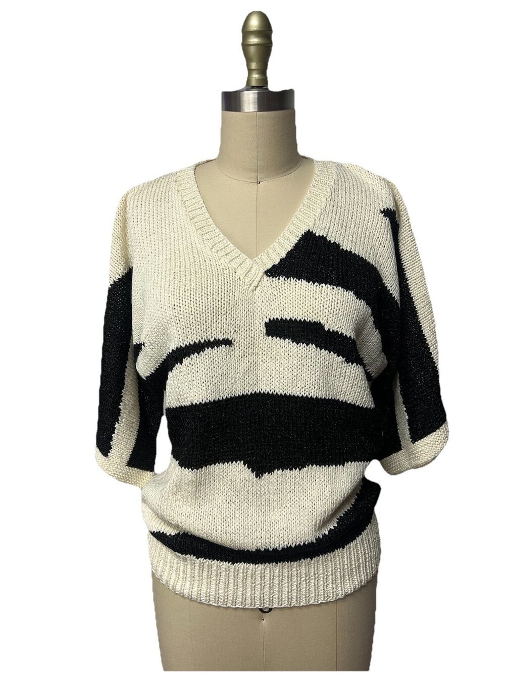 Vintage Nannell Cream Black w/ Metallic Lurex Abstract Hand Knit Sweater Size S
